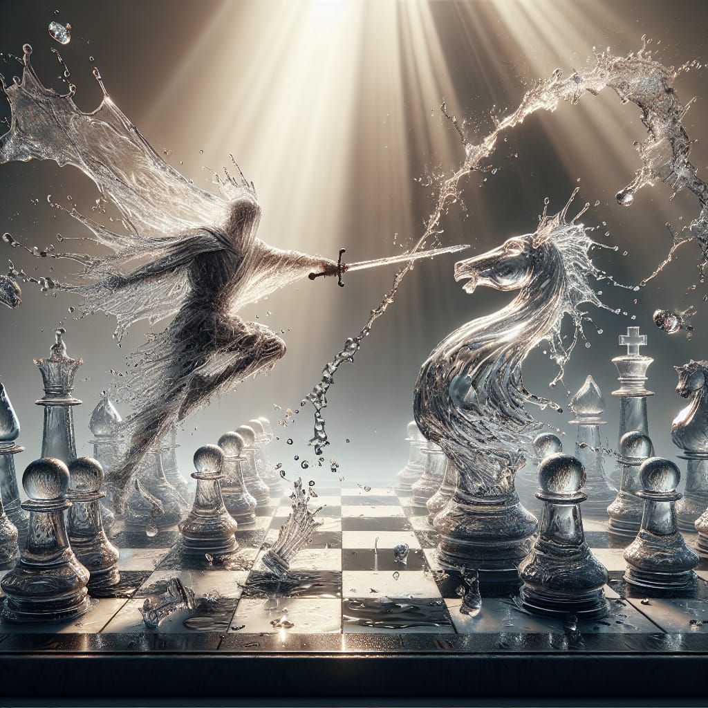 Hyper-Realistic Water Chess Battle in Divine Light