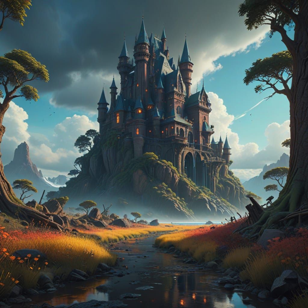 Fantastical Landscape with Intricate Architecture and Vibran...