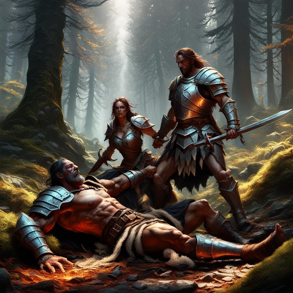 Wounded Barbarian and Knight in Forest