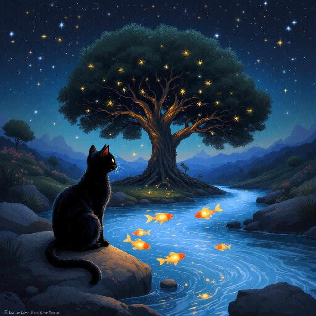 Conjoined Black Cat Gazing at Glowing Fish