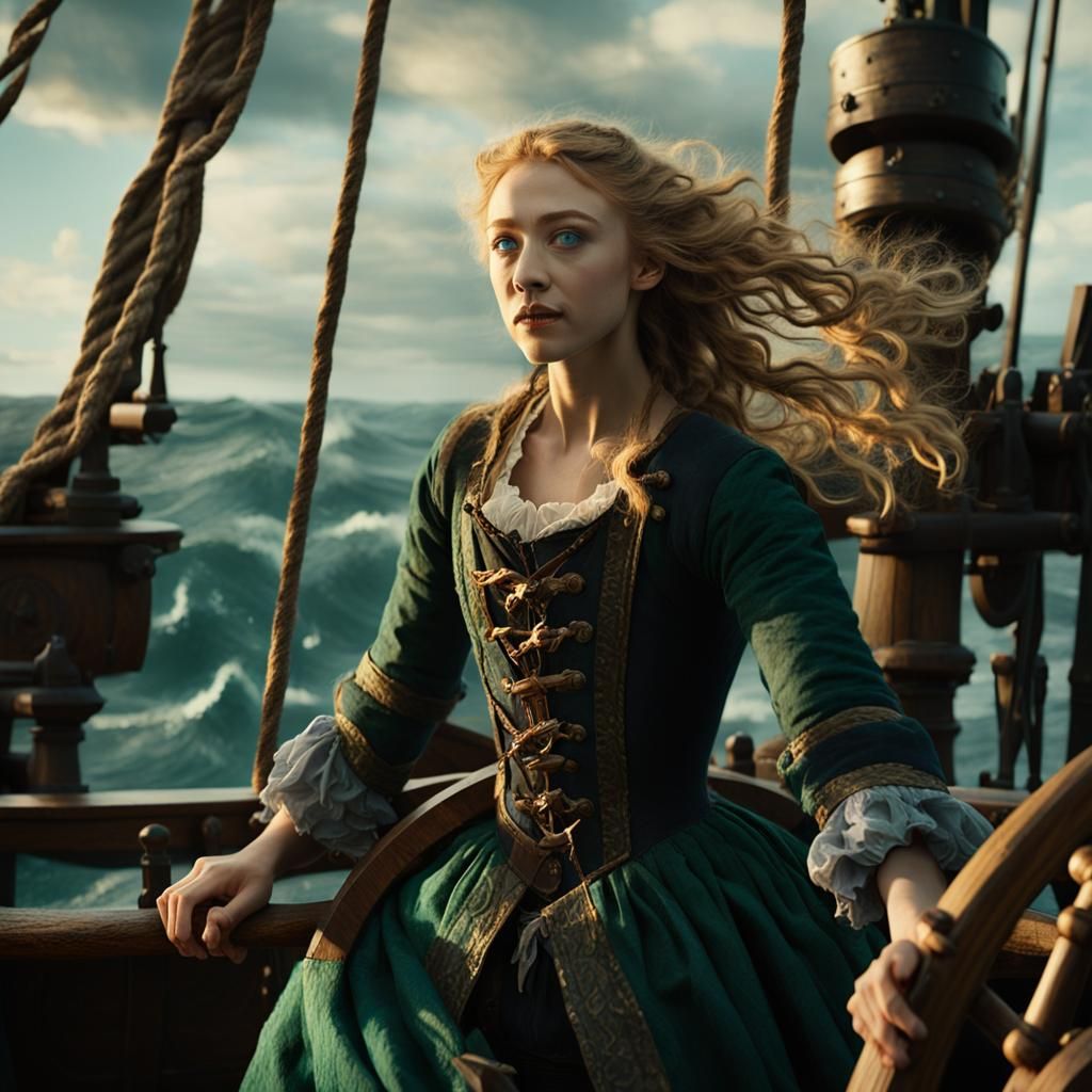 Pirate Woman at the Helm: Cinematic Film Still