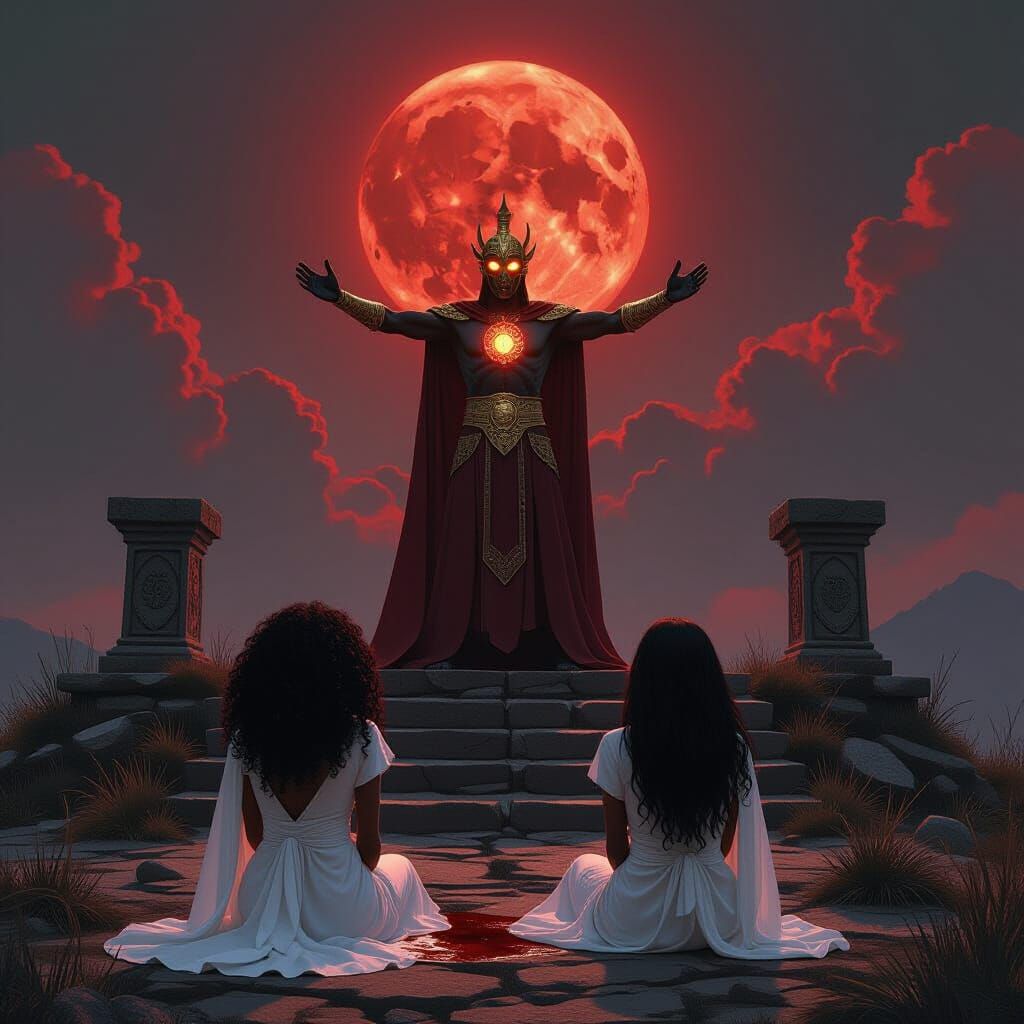 Dark Fantasy Ritual: Figure Before Blood Moon Altar
