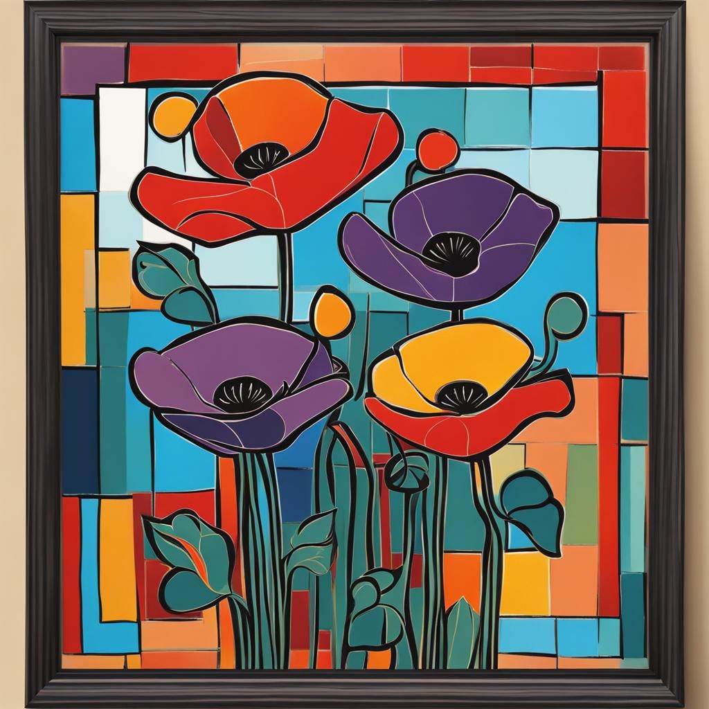 Abstract Poppies in Picasso Style with Vivid Colors