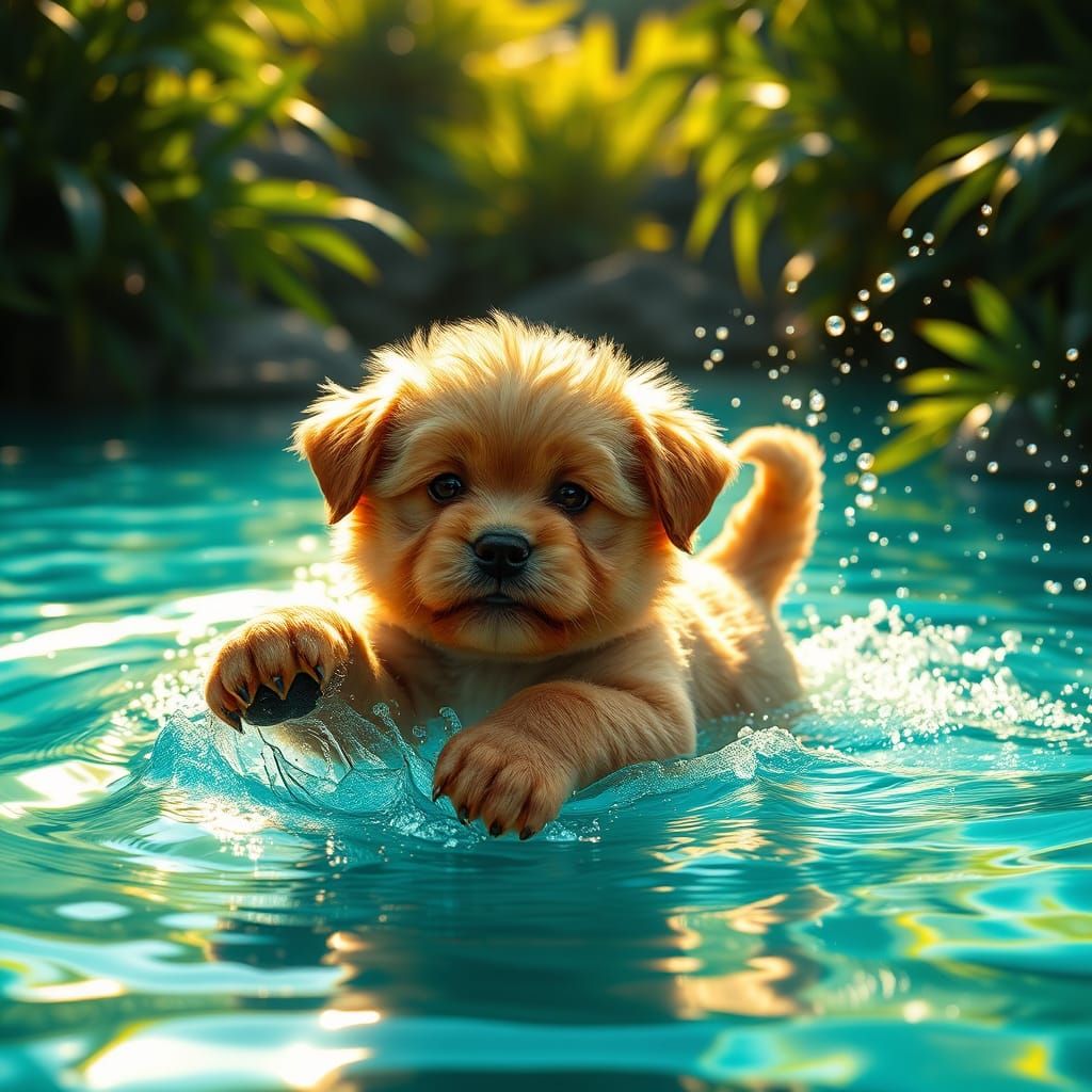 Fantastical Baby Pup Plays in Turquoise Pool Oasis