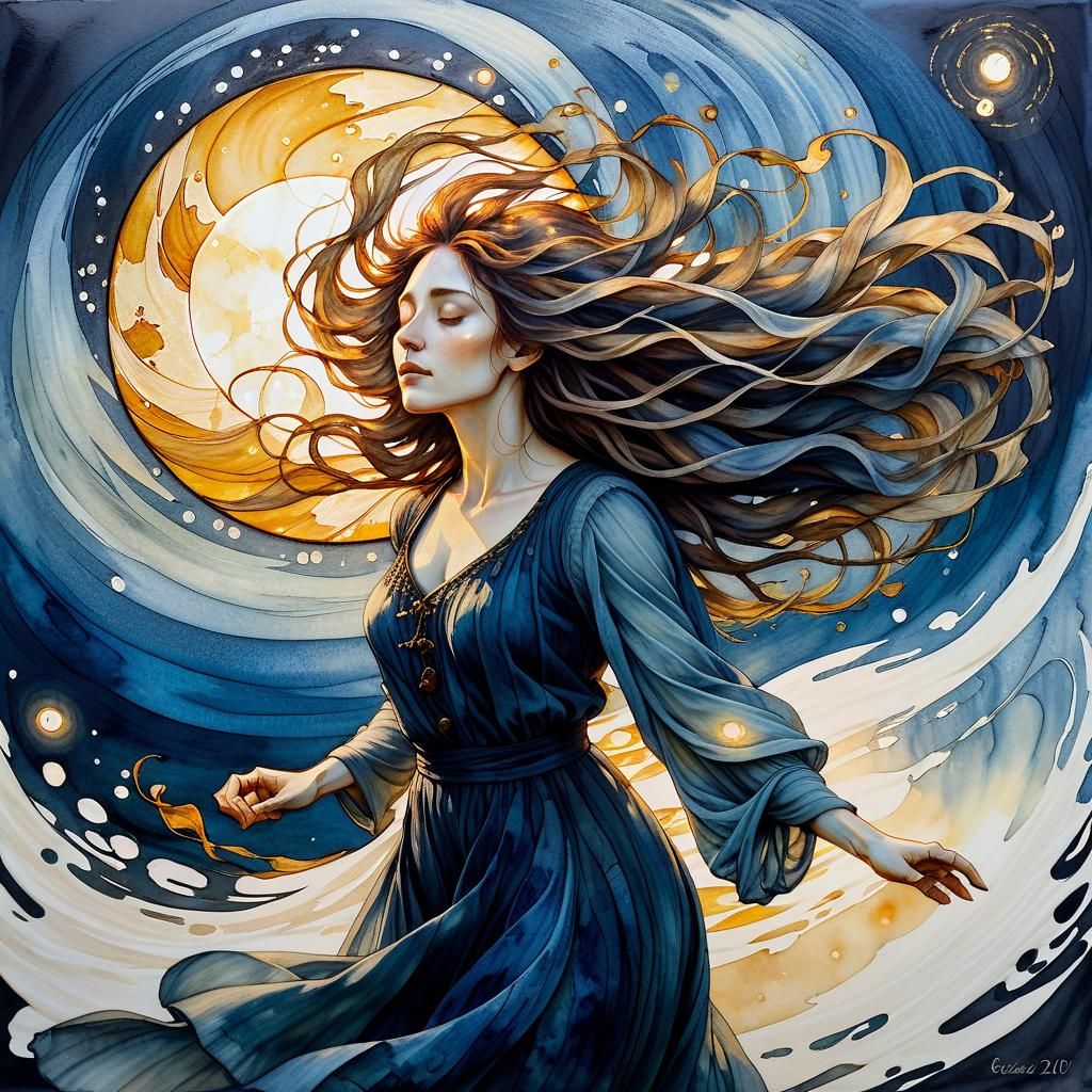 Woman with Wind-Swept Hair: a Folk Art Painting