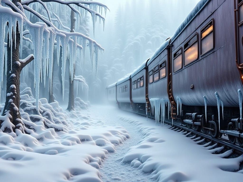 Icy Tundra Landscape with Frozen Trains