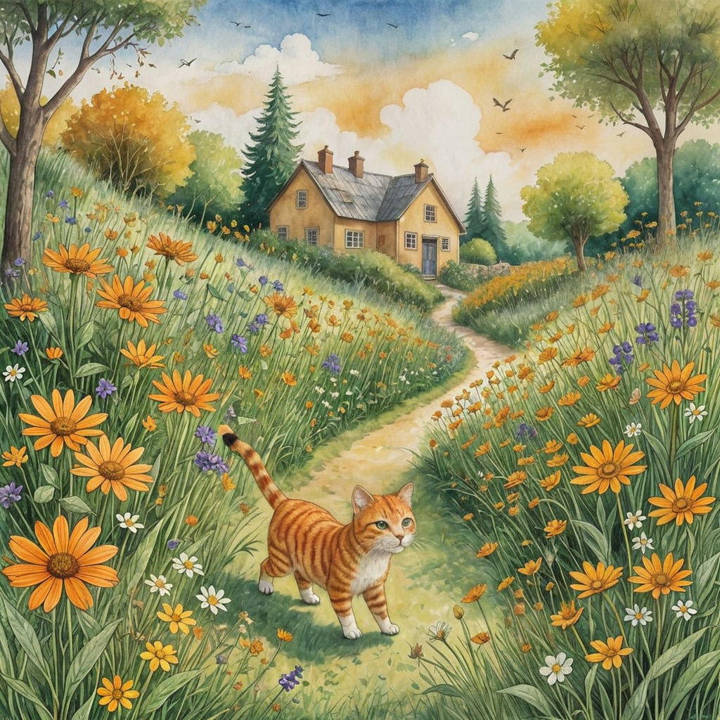 Boy Chasing Orange Cat in Wildflower Garden