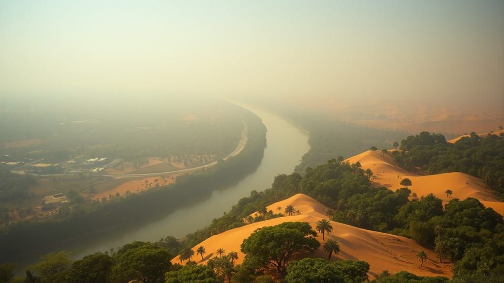 Surreal Sahara Nile Confluence in Dreamlike Haze