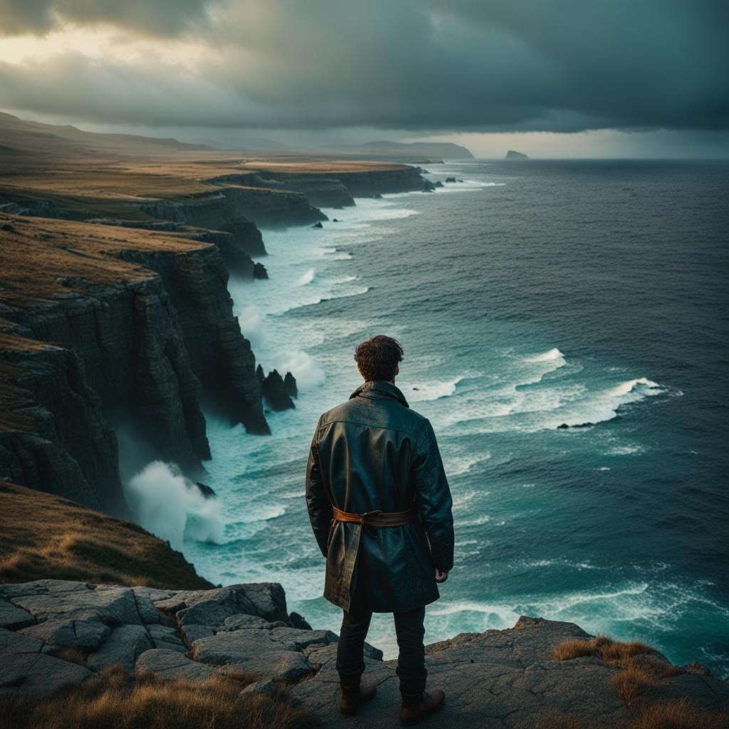 Dramatic Seascape with Lone Traveler at Golden Hour
