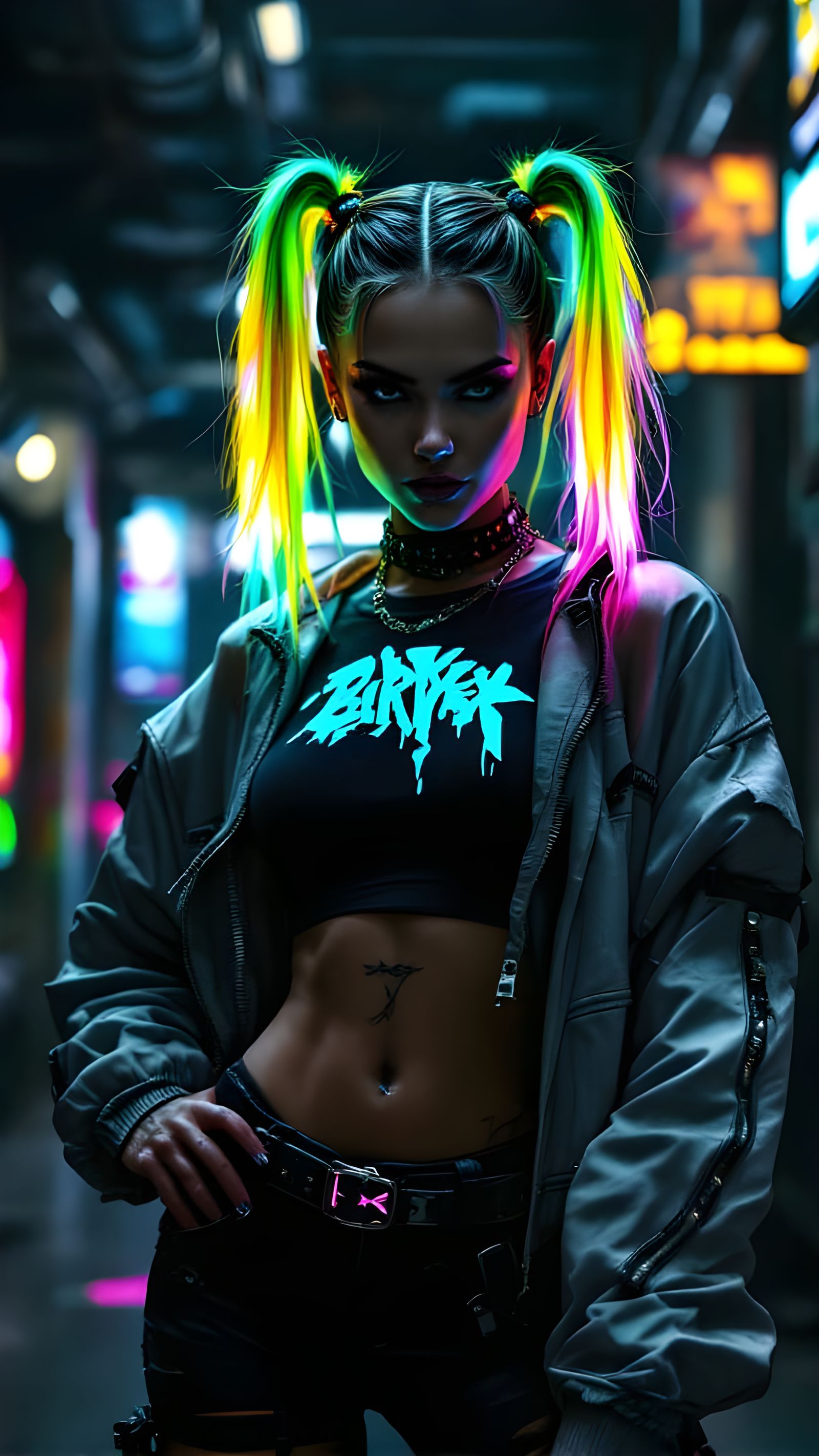 Mysterious Cyberpunk Warrior with Neon Ponytails