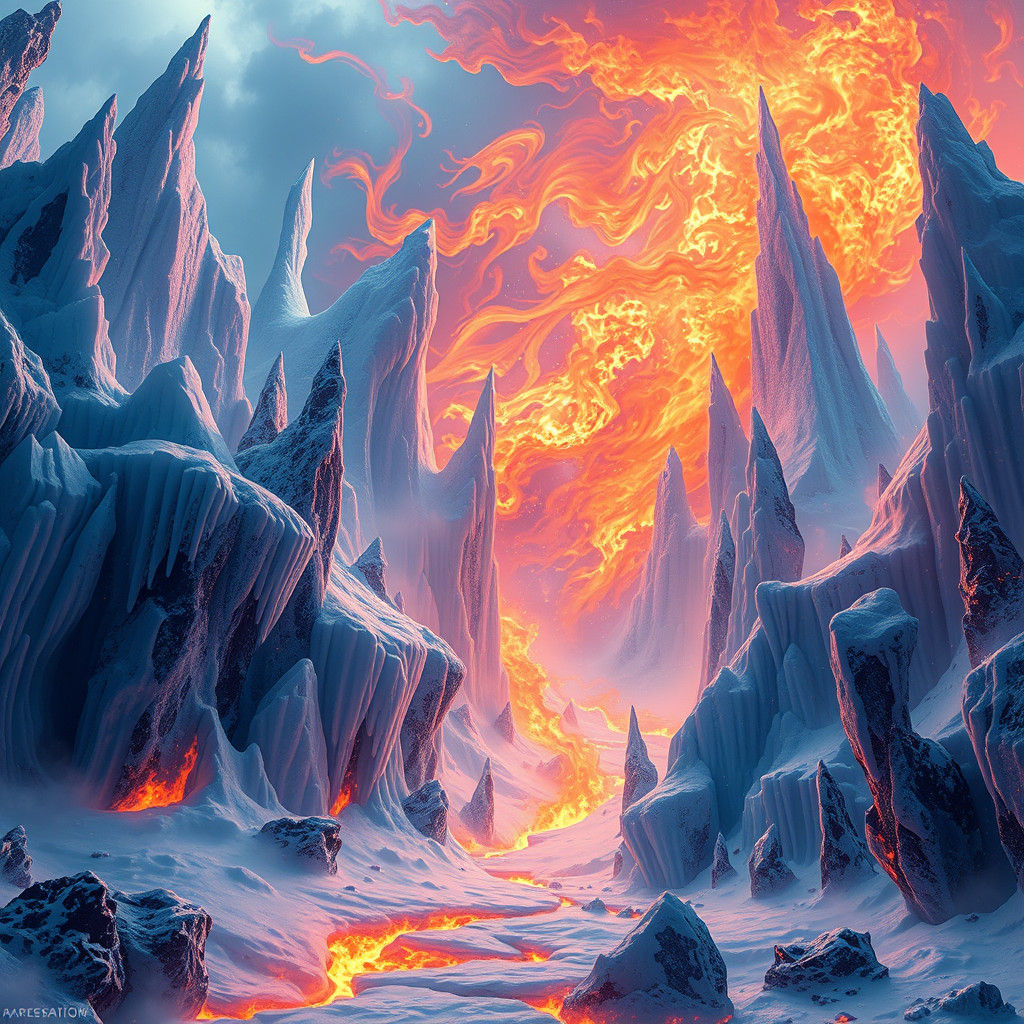 Ethereal Fire and Ice Dance in Mystical Realm