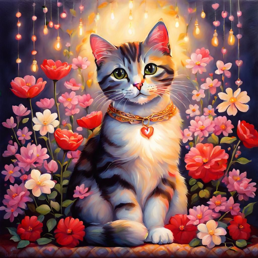 Cat Surrounded by Flowers and Heart Lights