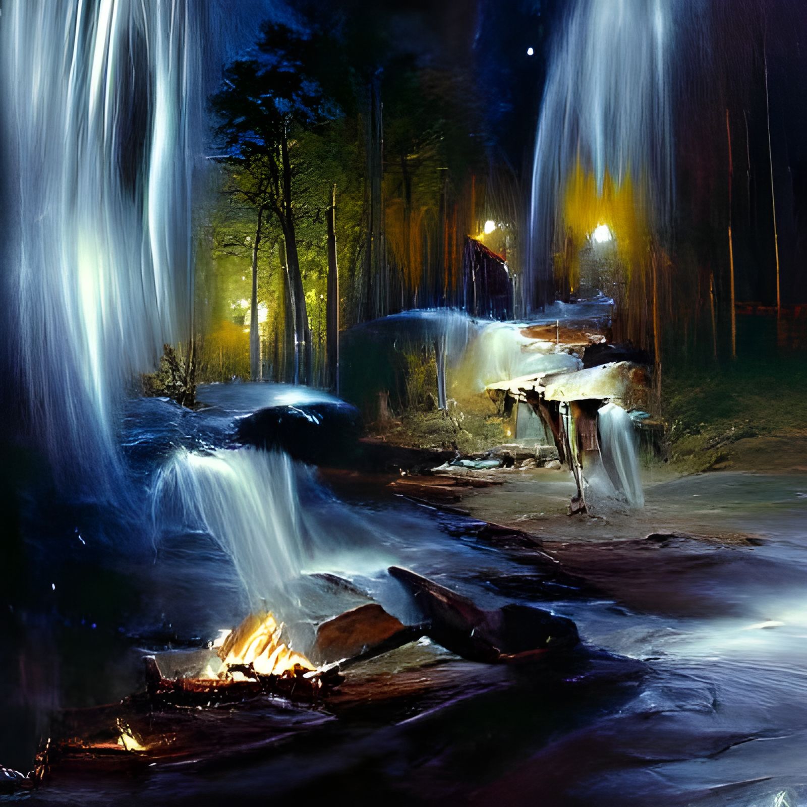 Waterfalls Under Starry Night Sky Painting