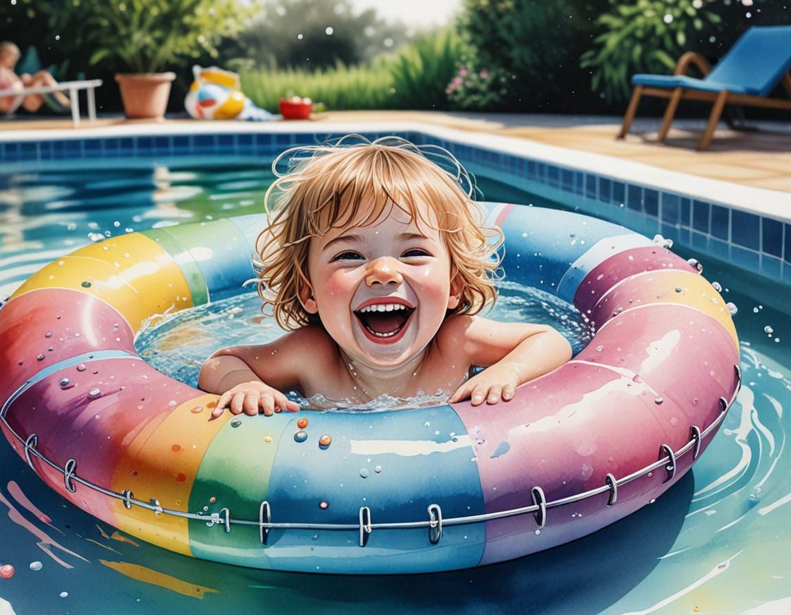 Joyful Child in a Watercolour Swimming Pool Scene