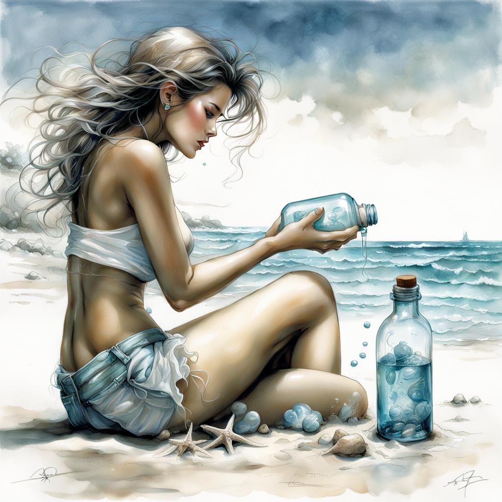 Curvy Woman Beachcombing: Airbrush Art Style