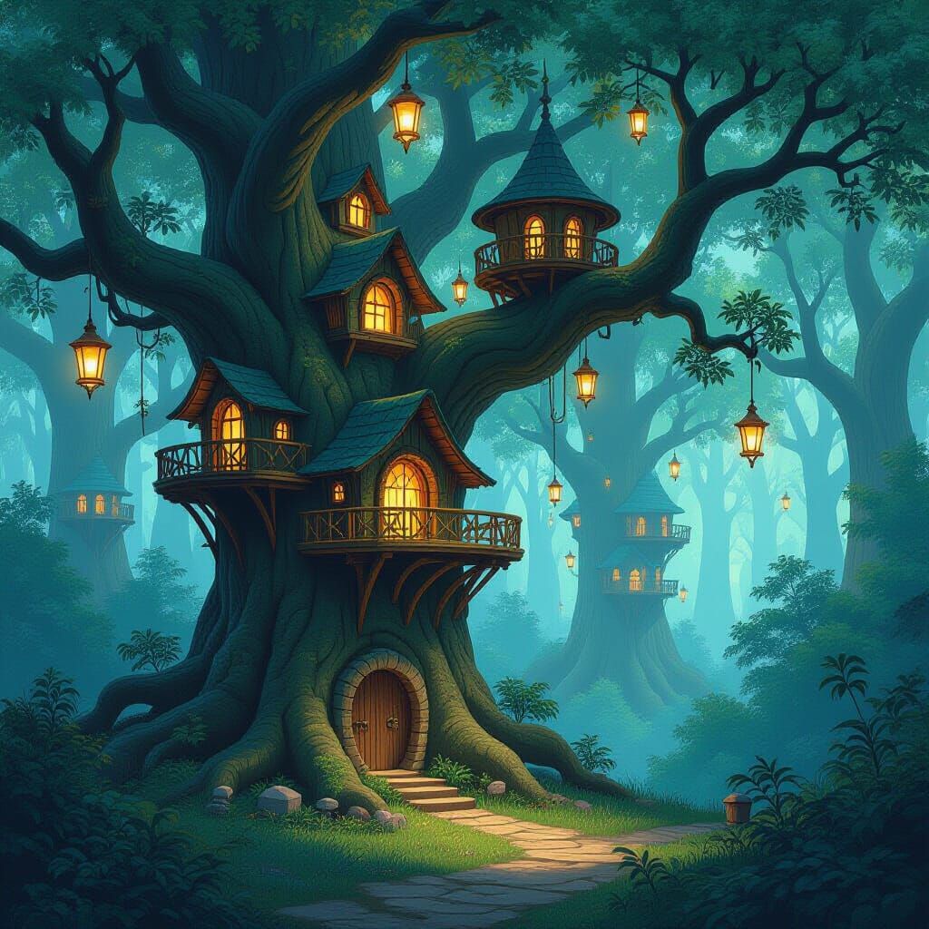 Whimsical Forest Treehouses in Miyazaki Style