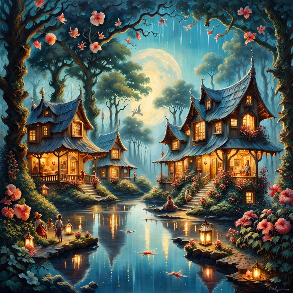 Glowing Fairy Village with Hibiscus Pond