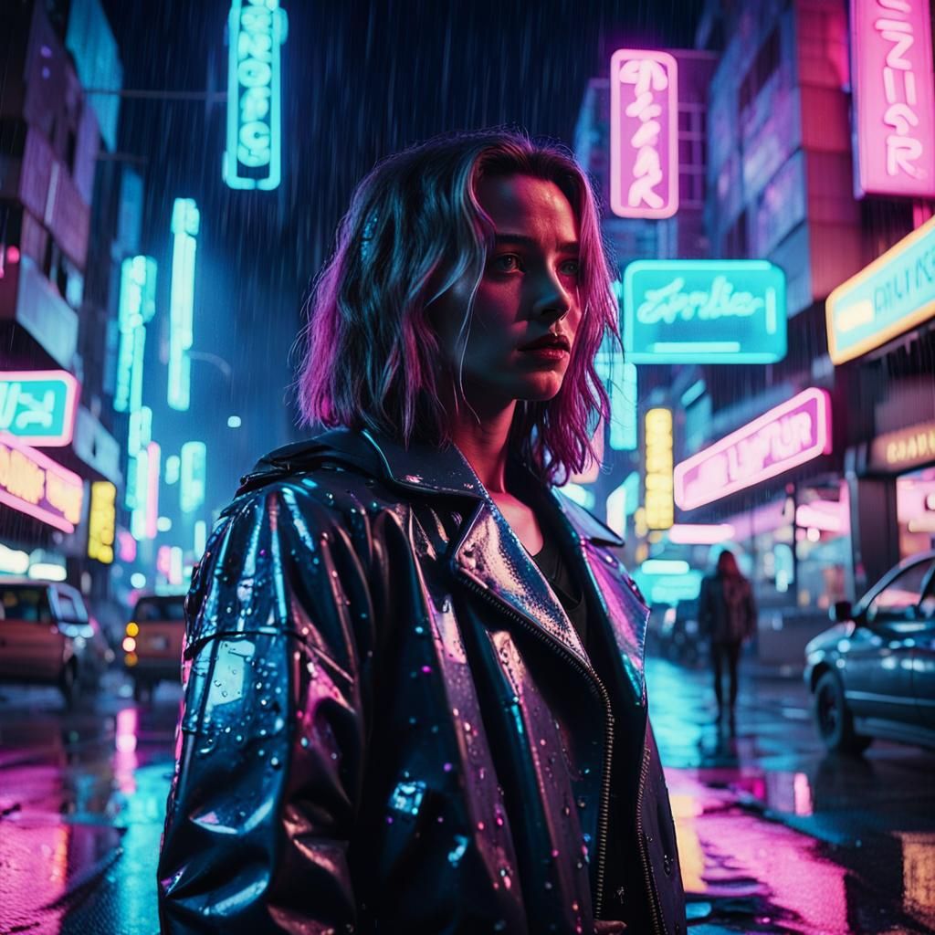 Synthwave Neon Cityscape with Woman in Rain