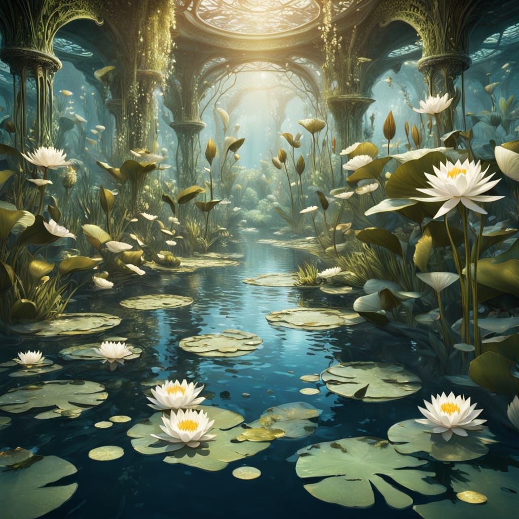 Ethereal Waterlily Garden Scene in Art Nouveau Style