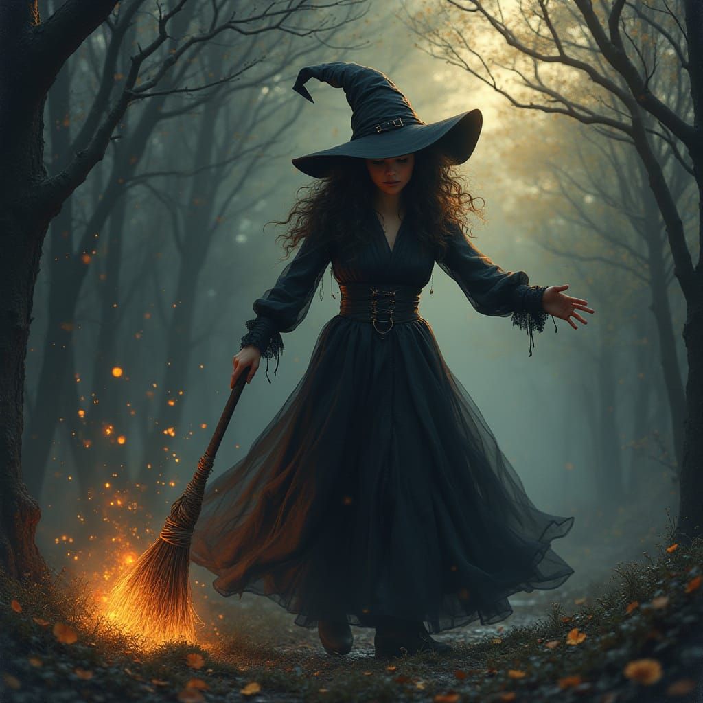 Beautiful Witch Sweeping with Magic