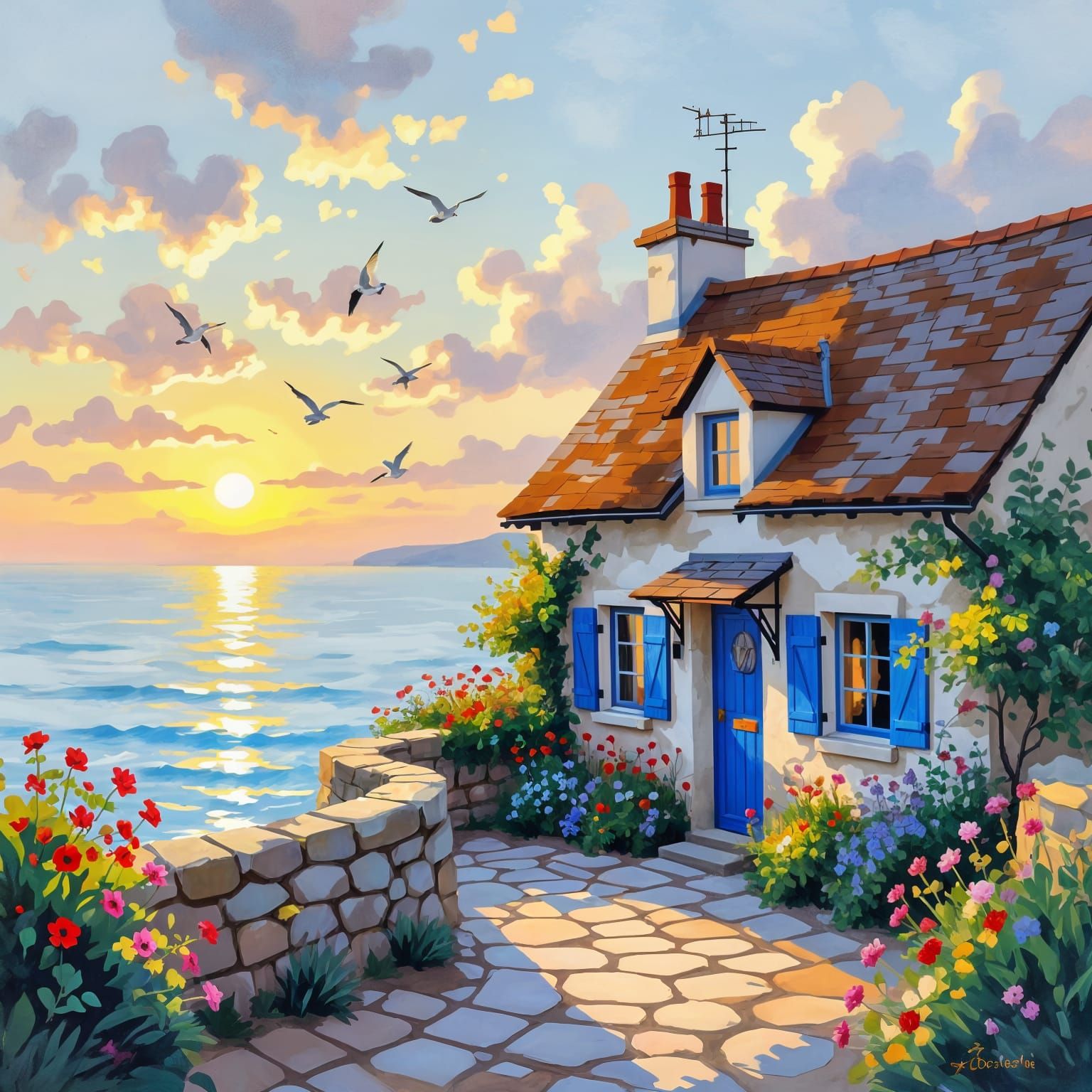 Idyllic Seaside Cottage at Sunset with Muted Colors