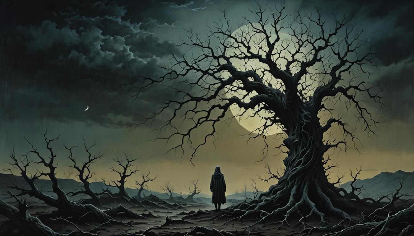 Dark Surrealism: Shadow Figure in Barren Landscape