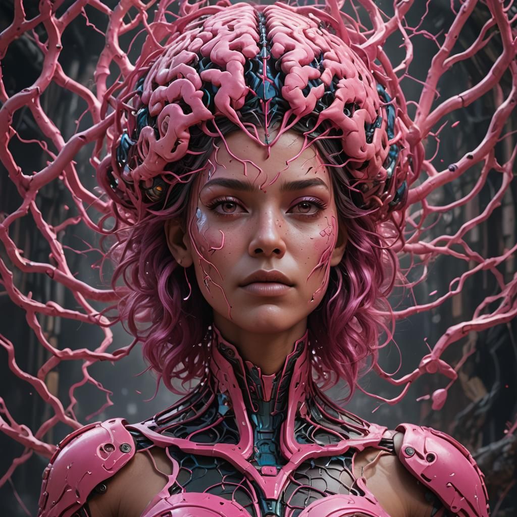 Pink-Skinned Woman with Large Brain: Detailed Matte Painting