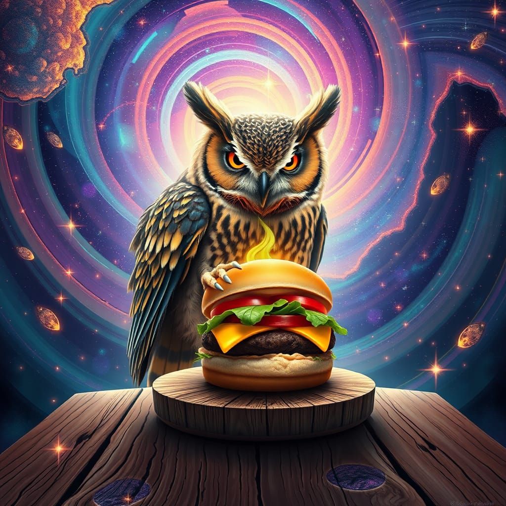 Owl Enjoys Cheeseburger in Visionary Astral Art