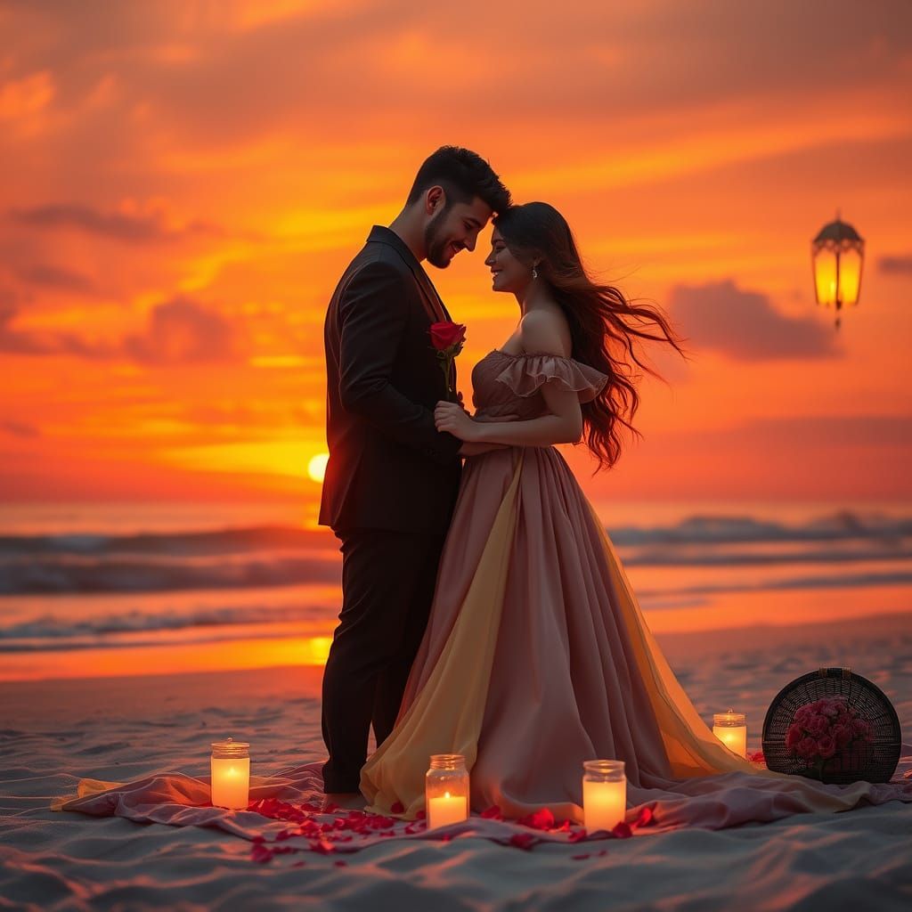 Intimate Sunset Beach Scene of a Loving Couple in a Whimsica...
