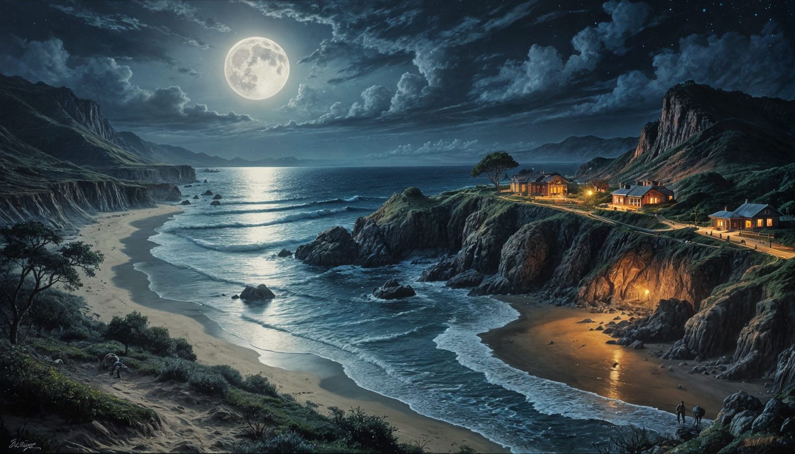 Aerial View of Moonlit Creek Meeting Ocean