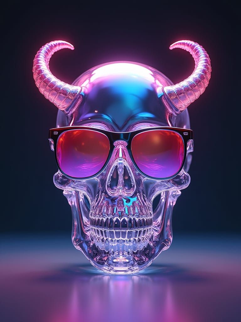 Hyper-Realistic Glass Skull with Iridescent Horns and Sungla...