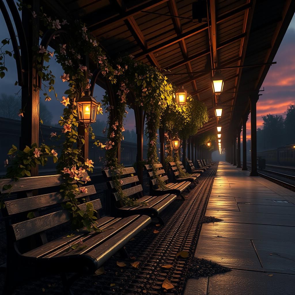 Twilight Train Station with Vines: Matte Painting