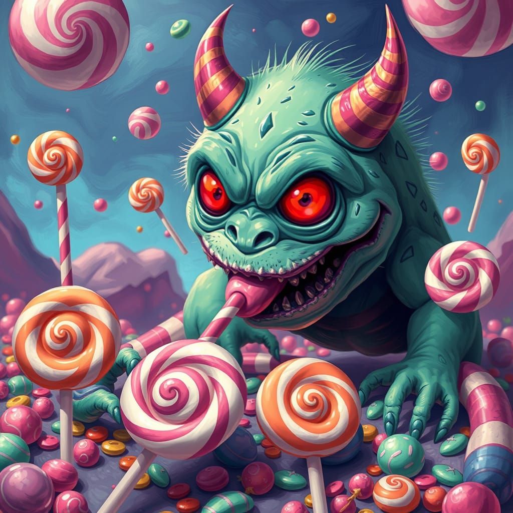 Monster Enjoys Lollipops in Candy Land, Indie Art Style