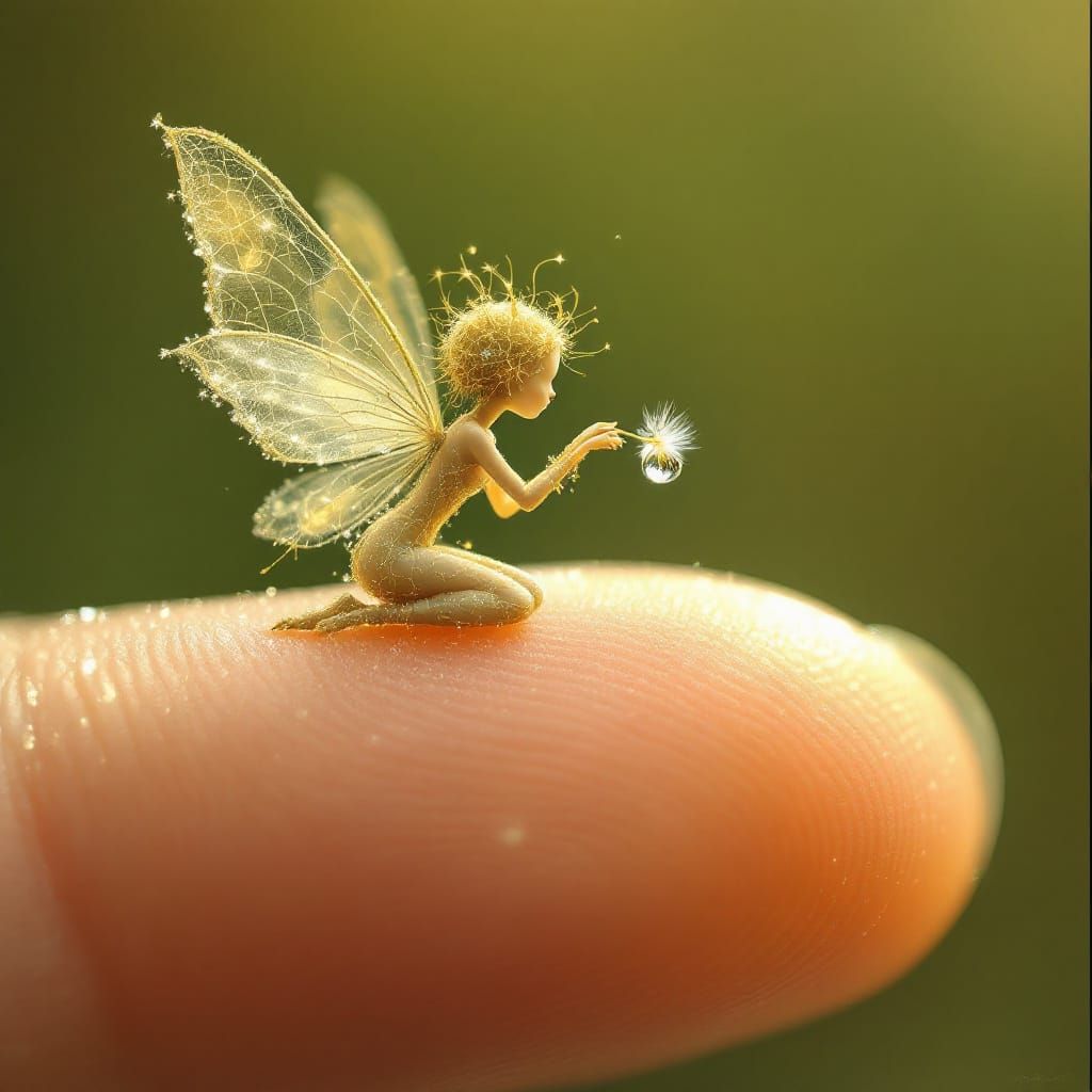 Dewdrop Fairy Holding Dandelion Seed in Art Nouveau Style