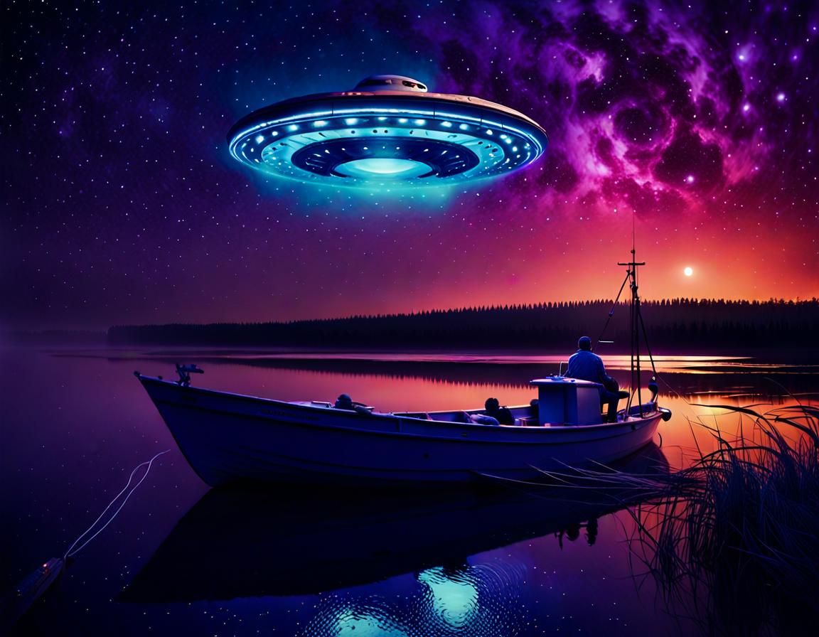 UFO Over Fishing Boat at Night, Cinematic Film Still