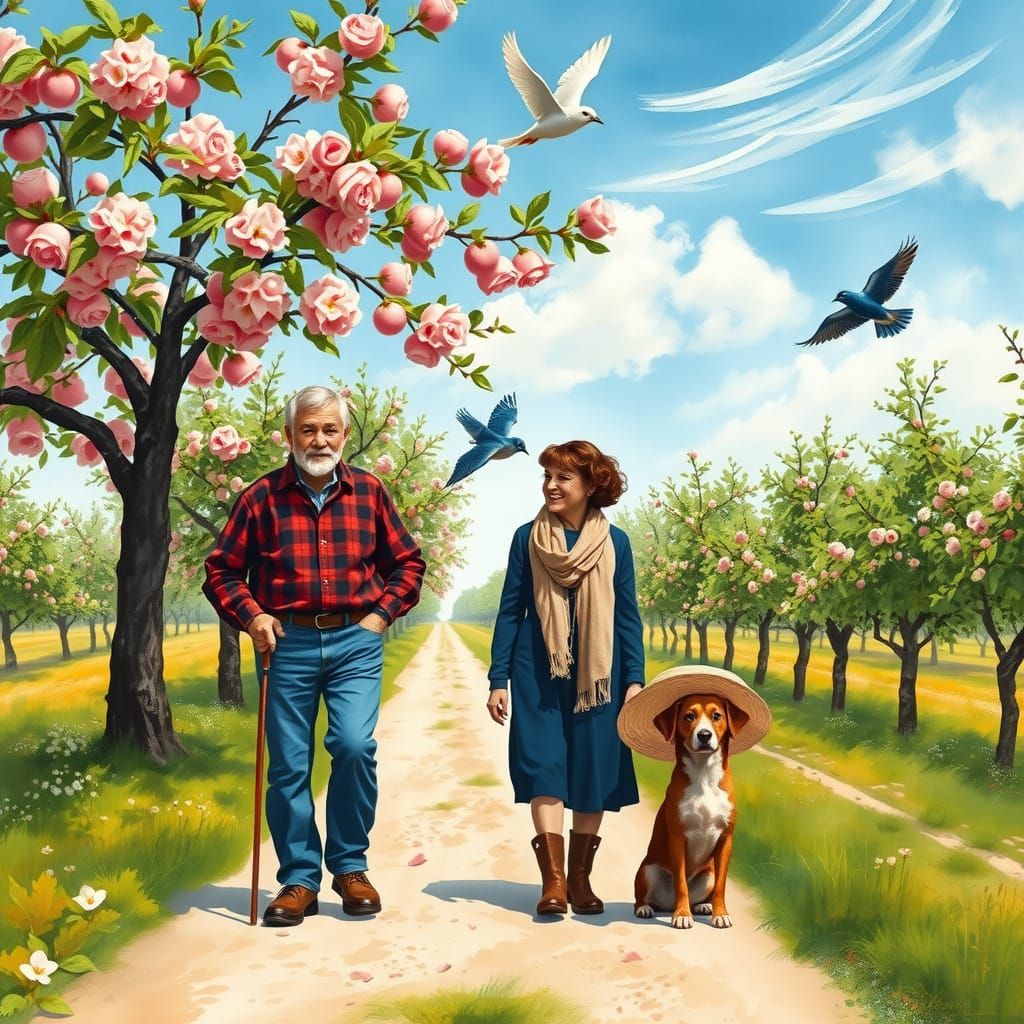 Elderly Couple Strolls through Vibrant Apple Blossom Lane