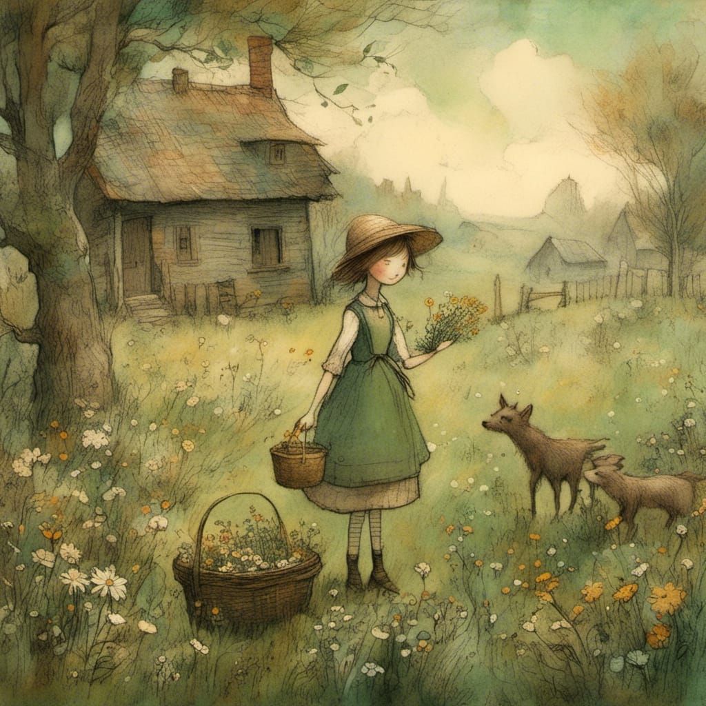 Girl in Meadow, Antique Storybook Illustration Style
