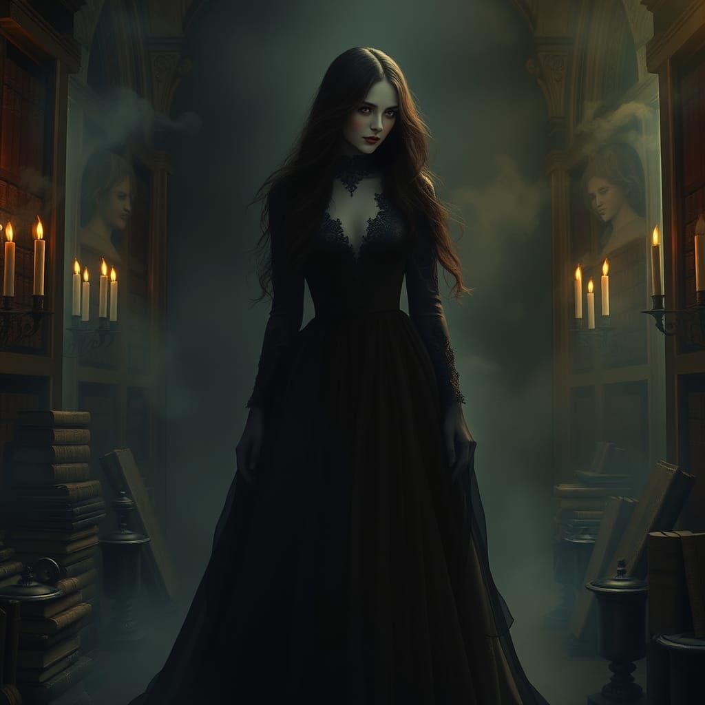 Mysterious Raven-Haired Woman in Dark Romantic Style