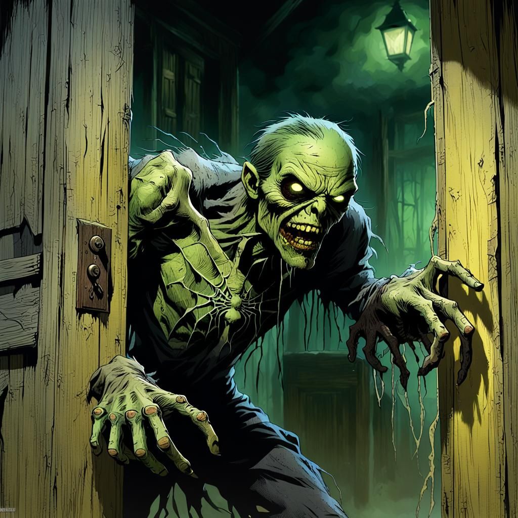 Night Creeper Zombie Knocks on Door in Fog