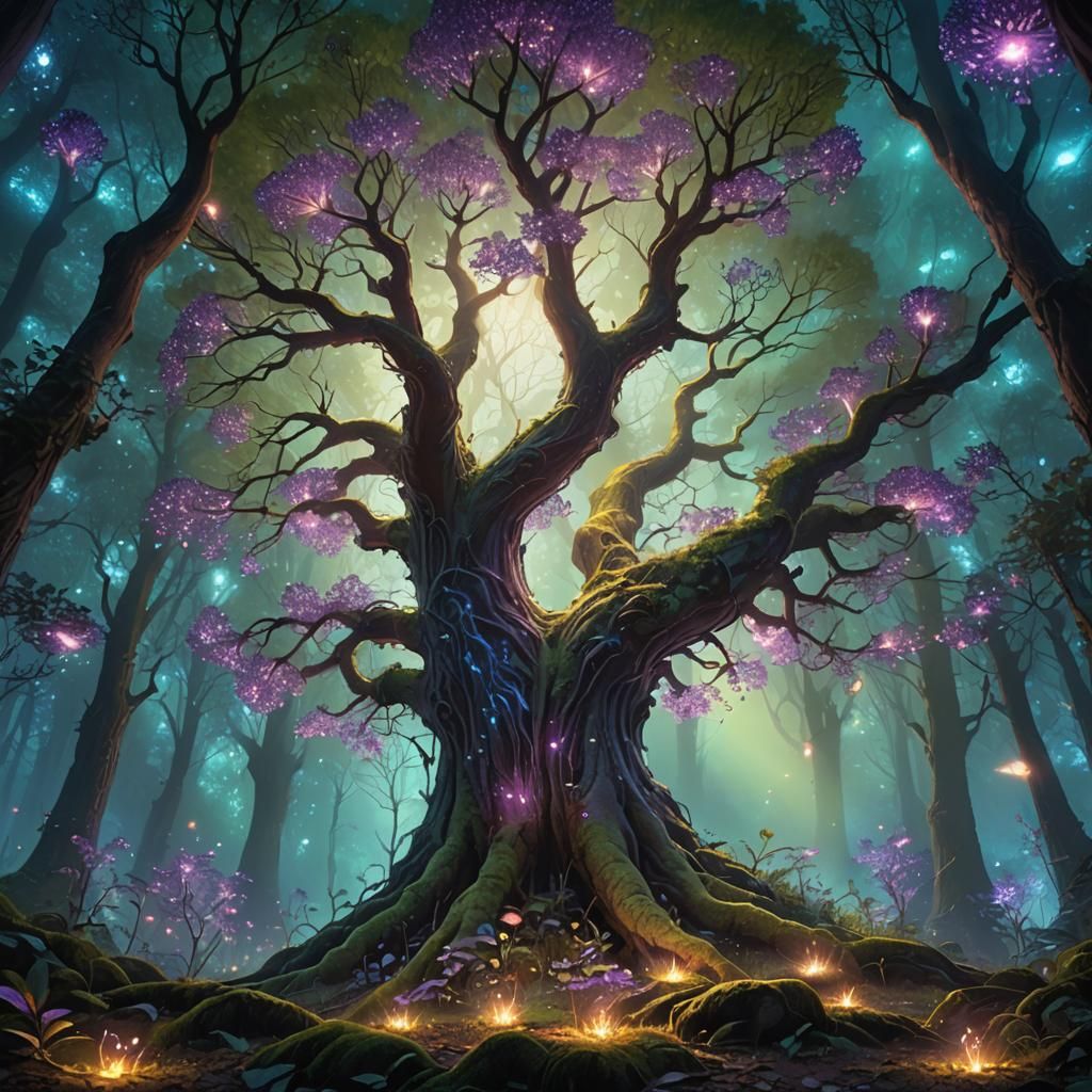 Glowing Purple Tree in Mystical Forest