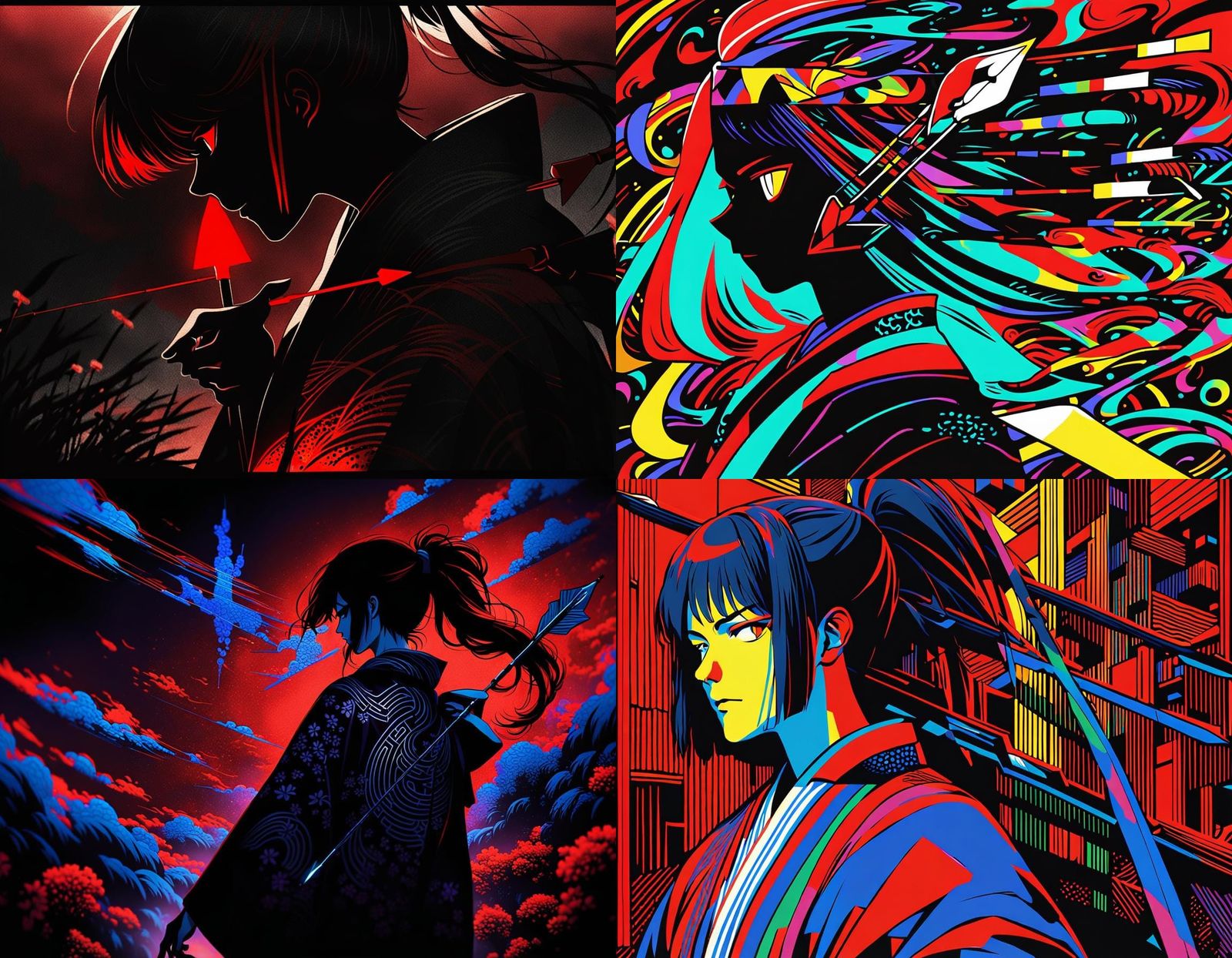 Anime Style Teenage Warrior with Ponytail and Kimono Profile...