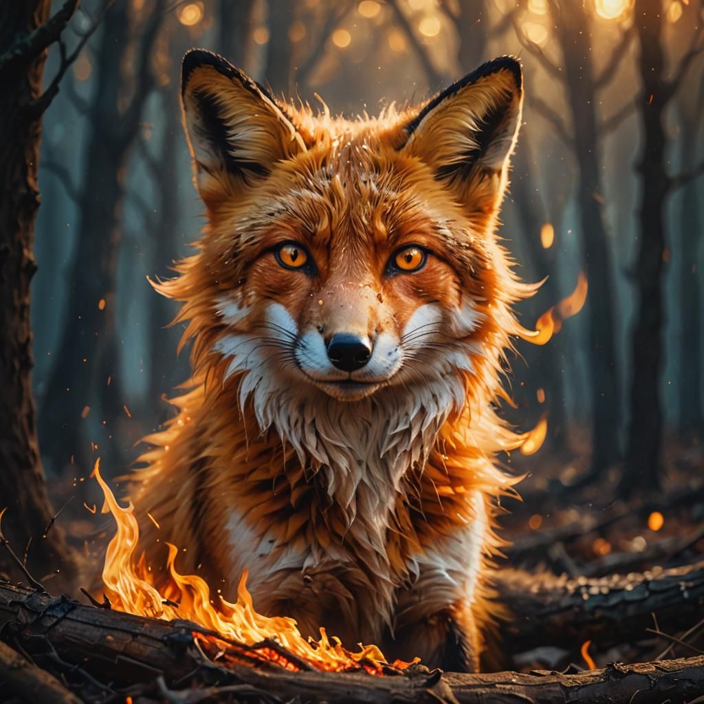 Surreal Fox Composed of Dancing Flames in a Warm Golden Ligh...
