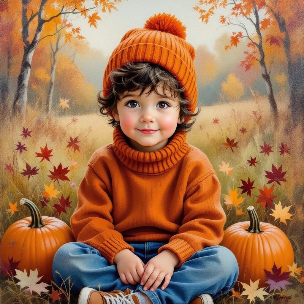 Boy in Orange Hat with Expressive Smile Amidst Autumn Leaves