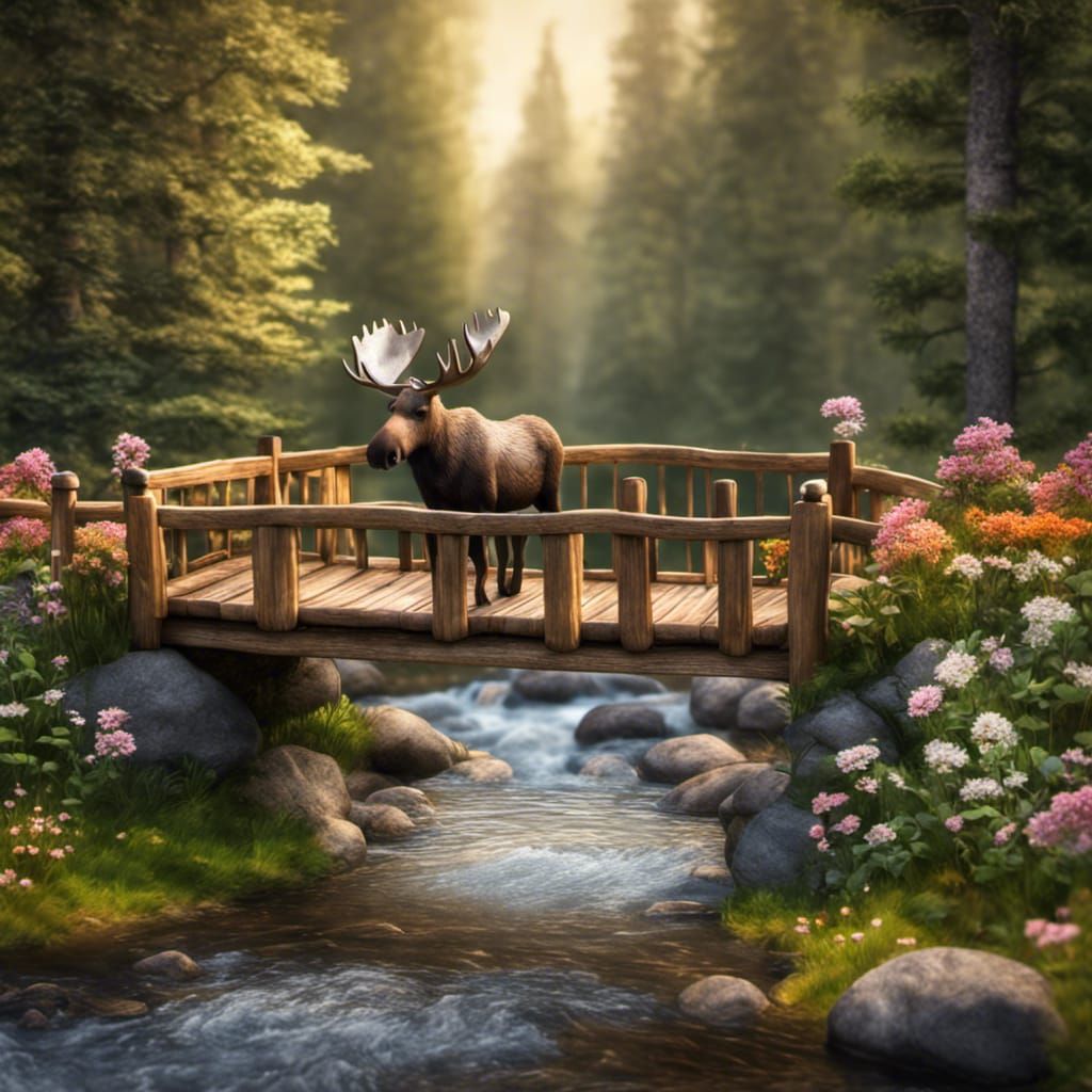 Chibi Moose on Floral Bridge in Woods