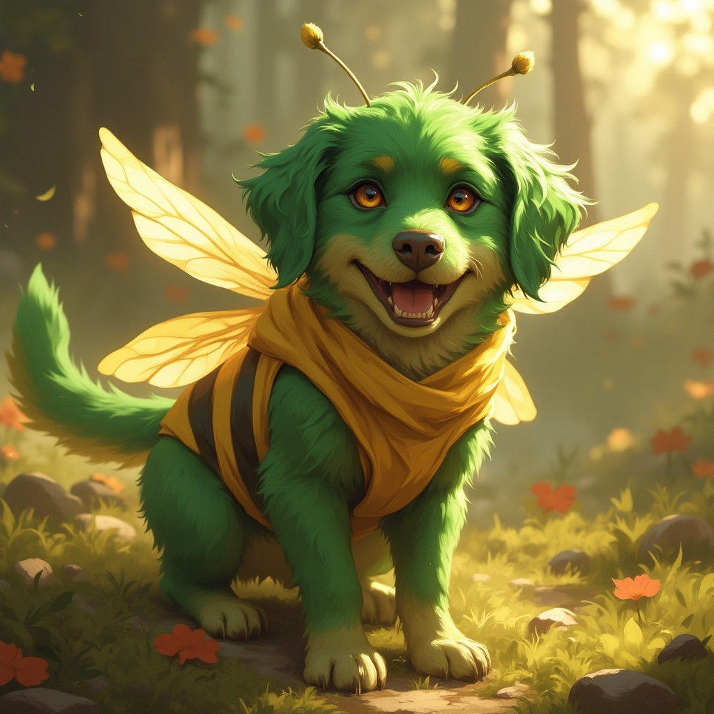 Iridescent Green Dog in Bee Costume: Fantasy Concept Art