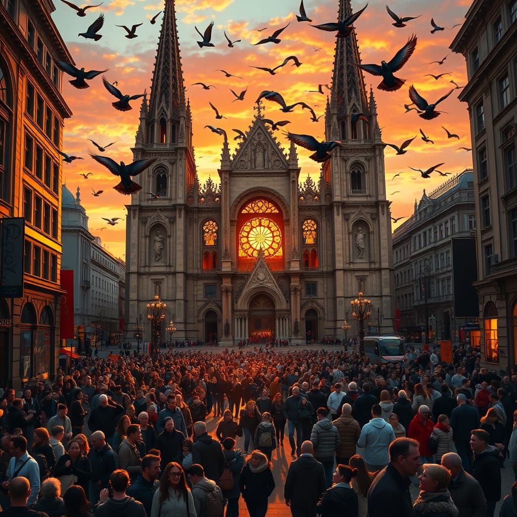 Bustling City Cathedral at Sunset with Majestic Birds