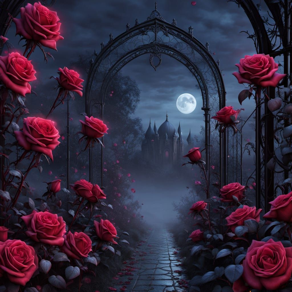 Gothic Rose Garden at Twilight with Moonlit Dew