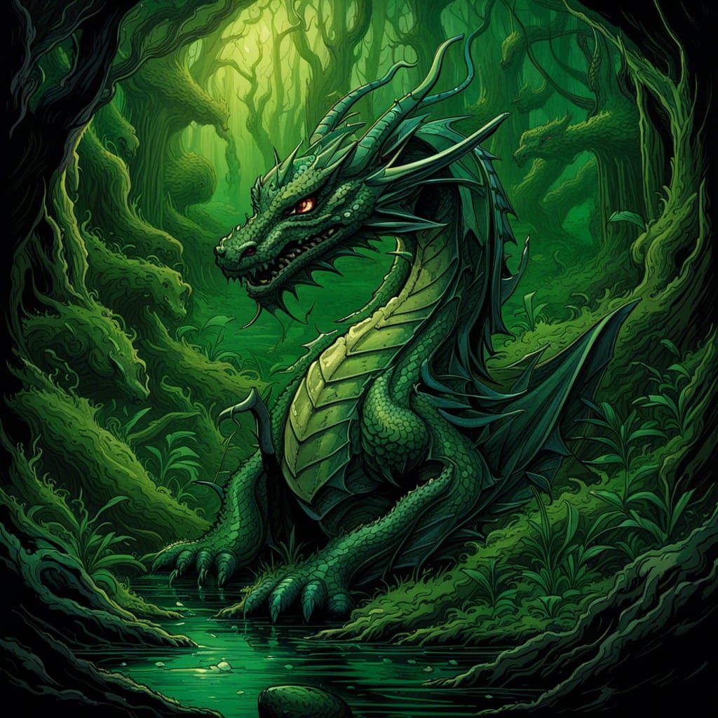 High Gothic Dragon in Dark Green Swamp, Comic Book Art