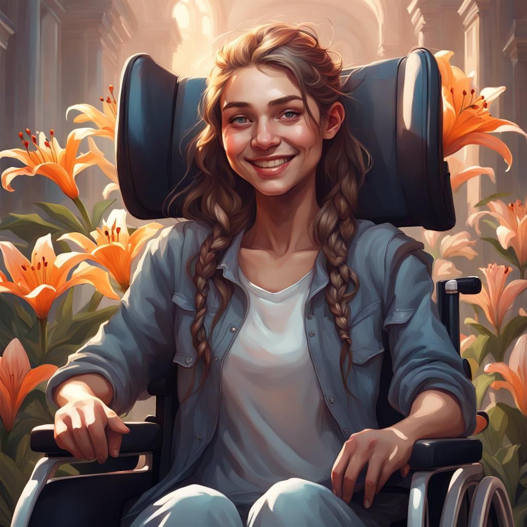 Smiling Teenager in Wheelchair Portrait, Art Nouveau Style
