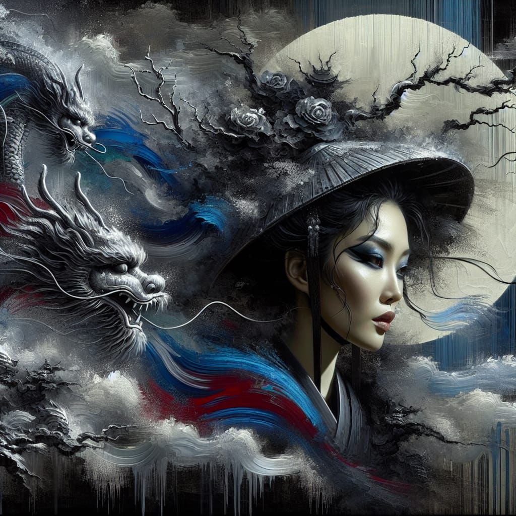 Geisha Portrait with Dragon Hat in Matte Painting Style